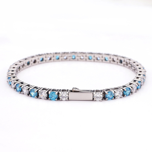 Silberfarbene Tenniskette aus Edelstahl mit Aquamarin und weißen CZ