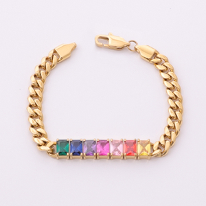 Kubanisches Kettenarmband aus Edelstahl mit buntem rechteckigem Zirkon
